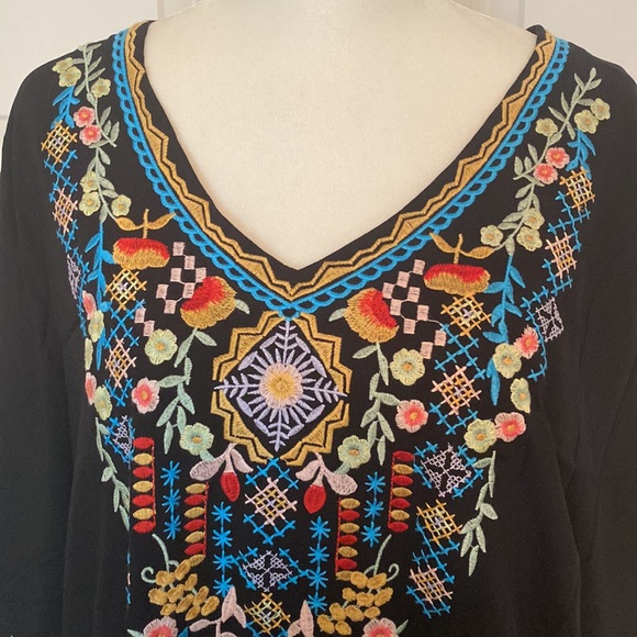 Boho Embroidery Mexican Bohemian Tops Peasant 3/4 Sleeve V Neck Shirt Tunic - Picture 4 of 6